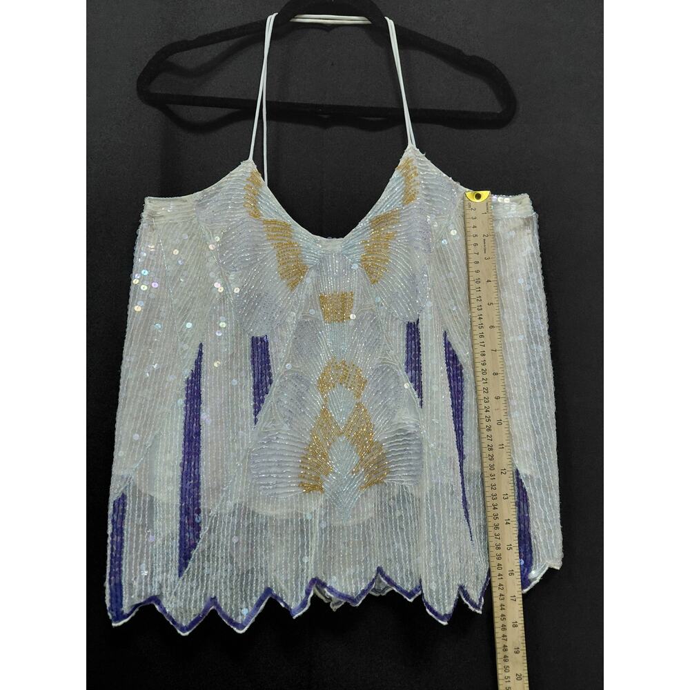 Free People Sequin Beaded Halter Top White Nylon Sleeveless Women Size L - Picture 7 of 8